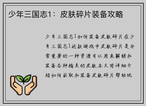 少年三国志1：皮肤碎片装备攻略