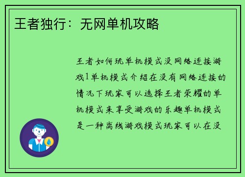 王者独行：无网单机攻略