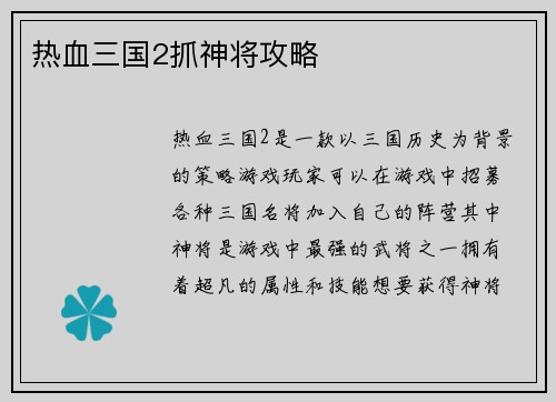 热血三国2抓神将攻略